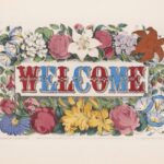 red and blue WELCOME letters surrounded by flowers on a beige background