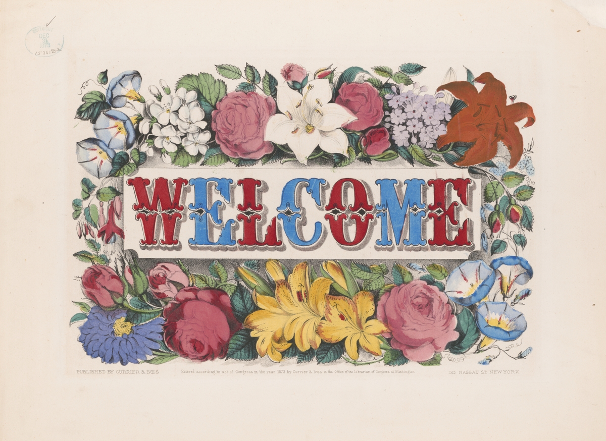 red and blue WELCOME letters surrounded by flowers on a beige background, dentist in euless